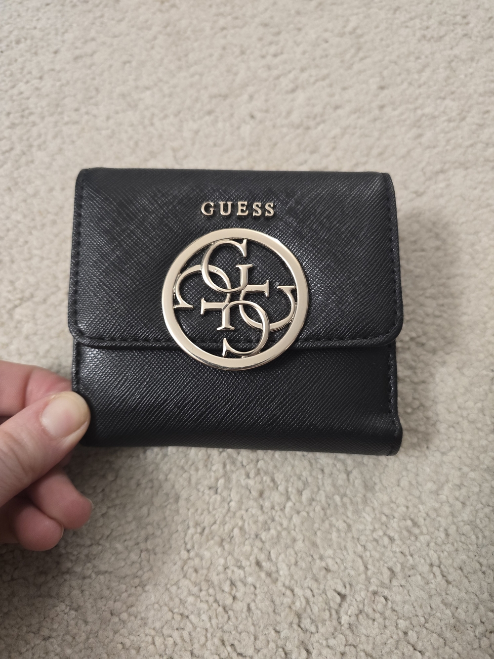GUESS Black Wallet with Gold Signature Emblem